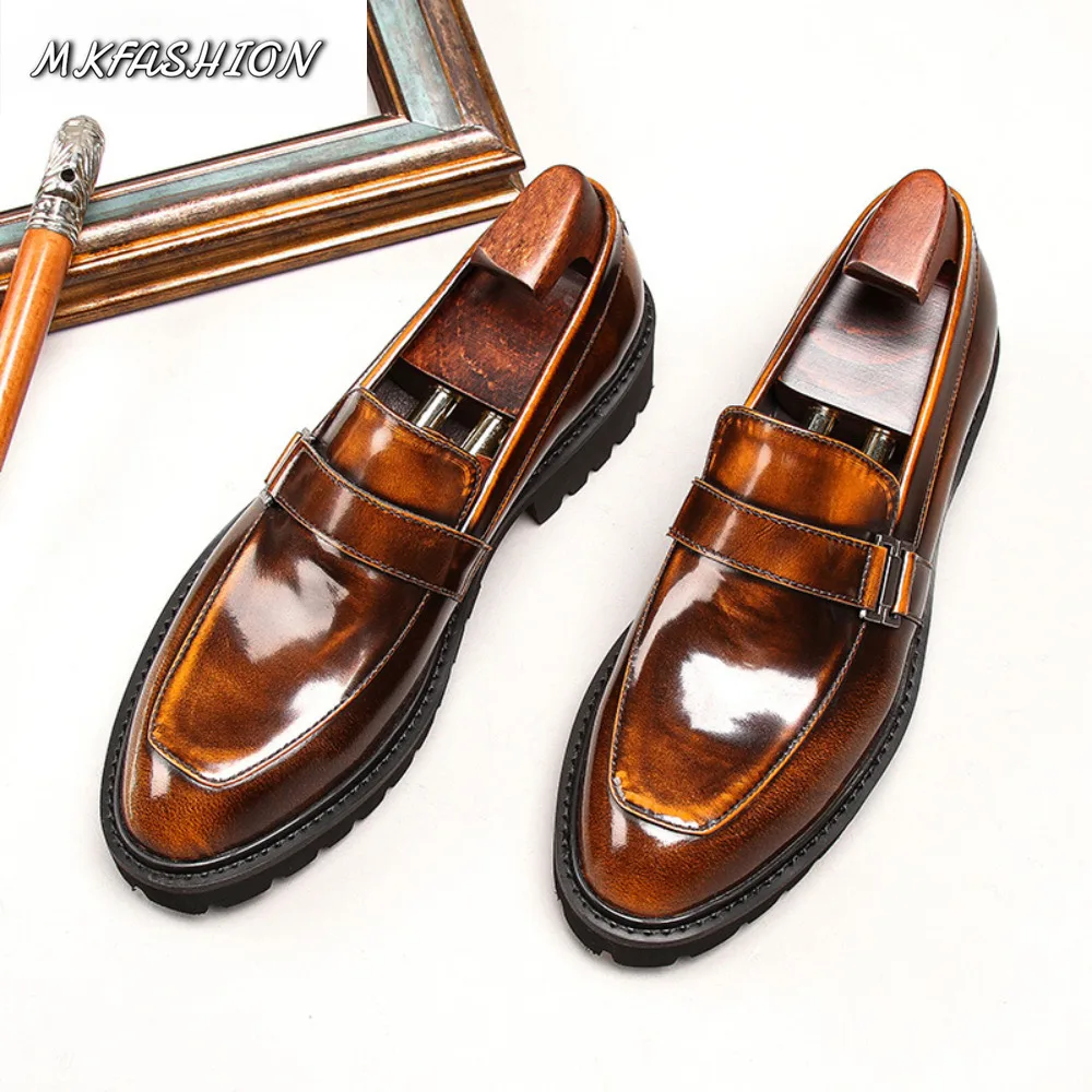 New Rubber Thick Sole Height Increasing Leather Shoes for Men Patent Leather Burnished Color Trendy Dress Shoes