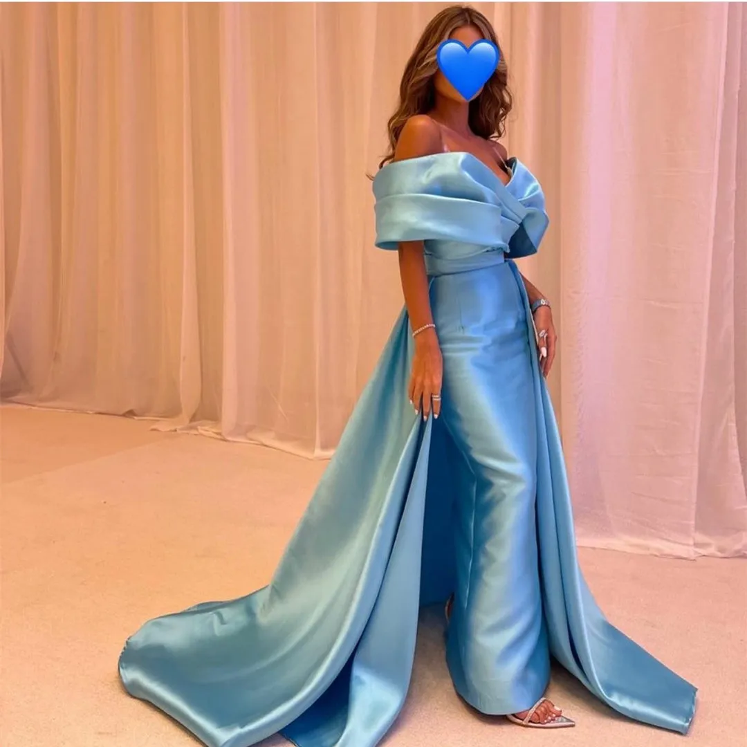 Retro lange schulter freie blaue Abendkleider فساتين الس카رة Meerjungfrau Sweep Zug bodenlangen Abschluss ball Kleid Robe de Soirée für Frauen