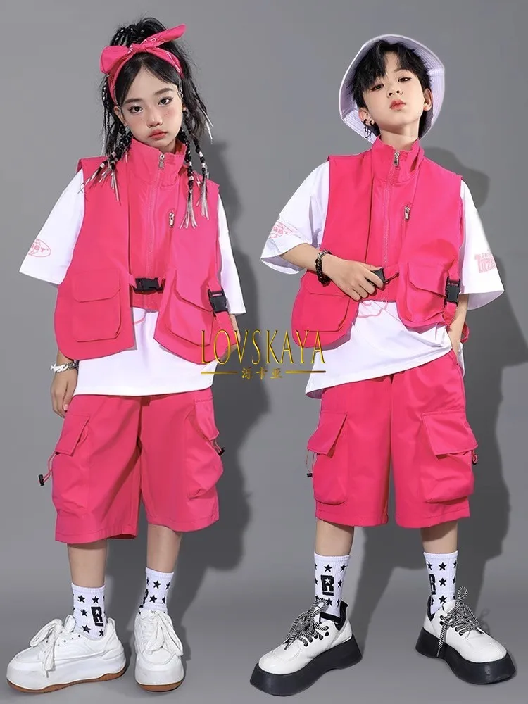 Street dance children's trendy clothing dopamine rose red vest set boy hiphop girl hip-hop runway performance clothing