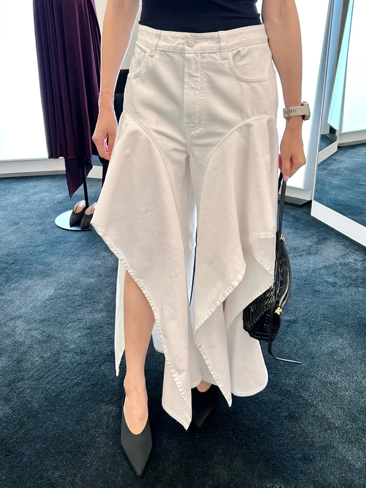 

Lotus leaf edge irregular white jeans temperament high street high waist casual wide leg women's pants 2025 summer new