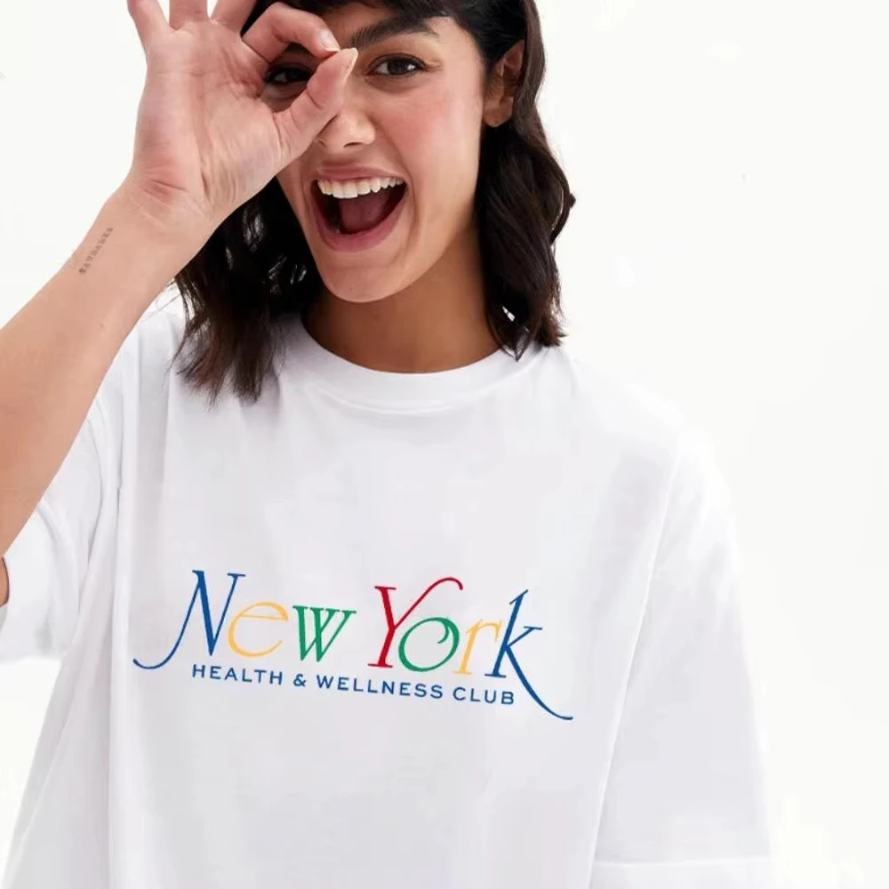 

New York Health Club Rainbow Letters Printing Unisex White Loose Cotton T Shirts Short Sleeve Summer Vintage Style Tops Tees