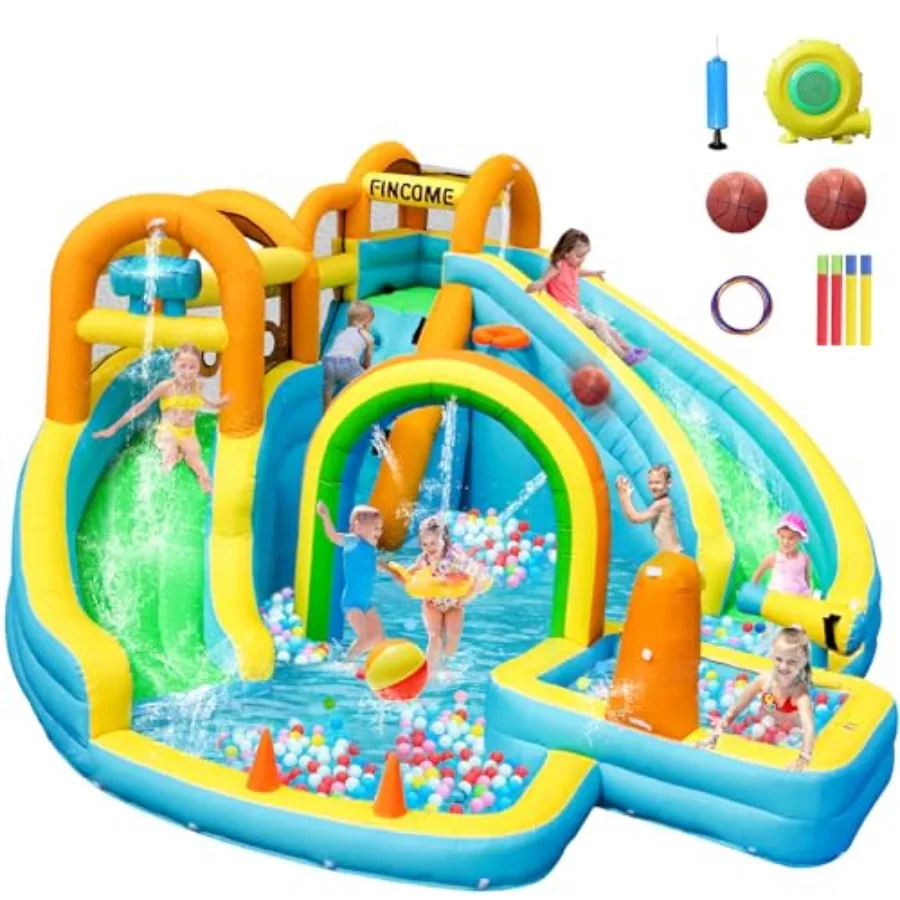 

Inflatable Water Slide Bounce House with 2 Waterslides for Backyard Blue and Yellow Blow Up Water Park Bouncy House with Splash