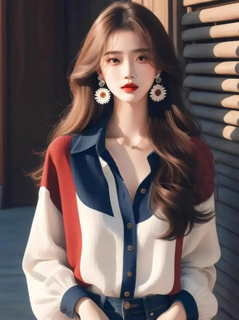 Vintage Women\'s Shirts Spring/summer New Patchwork Women Shirts Loose Long Sleeves Tops Fashion Korean Clothing Sales