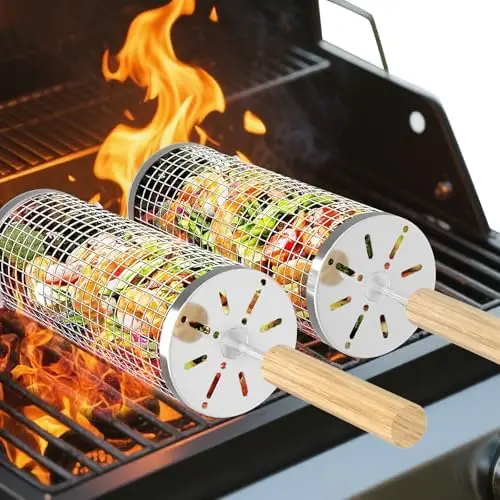 

Grill Basket with Wooden Handle - 304 Stainless Steel BBQ Net for Veggies, Shrimp - Perfect Gift for Men