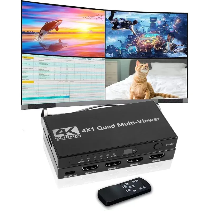 4K 30Hz HDMI Quad Screen Multiviewer 4x1 Real-Time Seamless Switch Converter 4 Channel Video Splitter Remote Control for Gaming