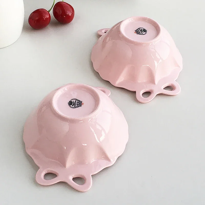 Embossed Pink  Bow Ceramic Bowl，mini 5inch Fruit Salad Bowl，Solid Color Kitchen Plate Tableware，Household Cake Dish Round Bowl