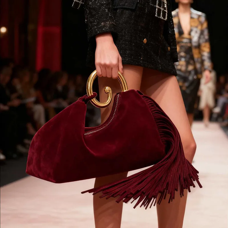 

2025 Luxury Fashion Designer Metal Handle Women's Tassel Handbags Brand High-end Party Faux Suede Tote Bag Elegant Evening Bag