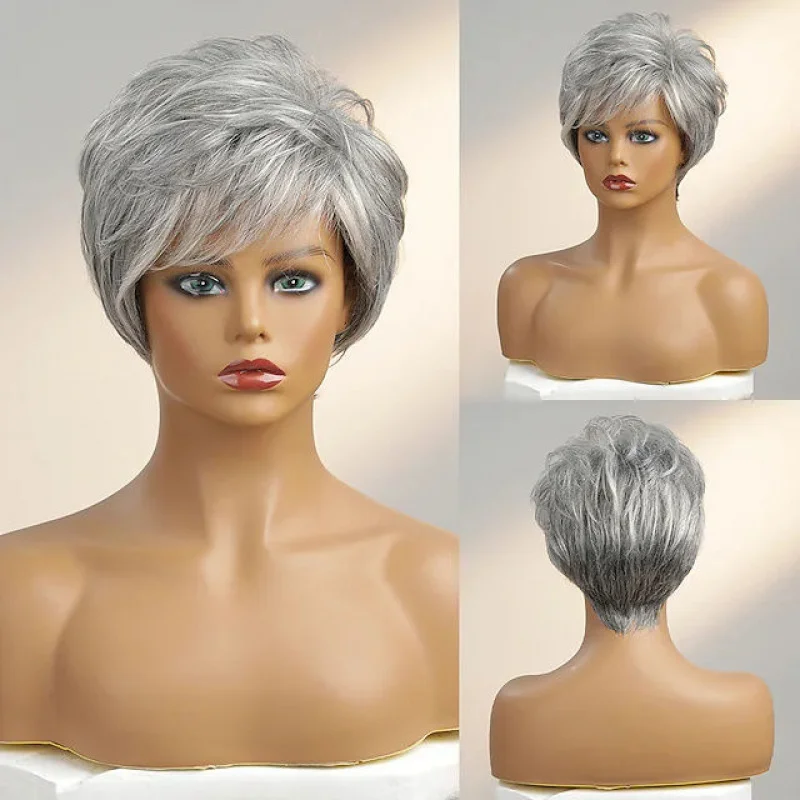 

Women Short Straight Silver Grey Synthetic Hair Ladies Wig