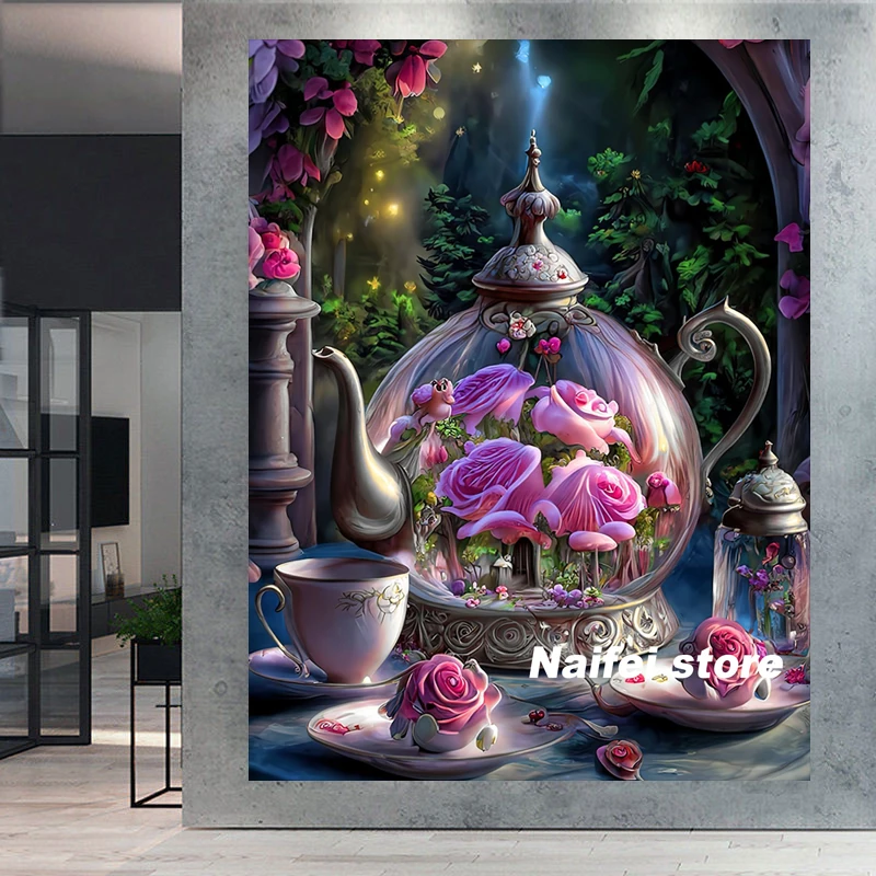 Fantasy Garden Landscape 5d Diy Diamond Painting Pink Flower Rose Kettle Full Drill Embroidery Mosaic Coffee Cup Floral Vase