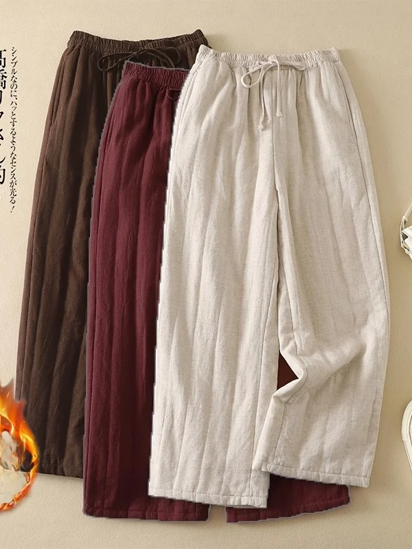 

Женские зимние повседневные брюки в японском ретро-стиле с широкими штанинами, на шнурке, с эластичным поясом, теплые, утепленные хлопком, прямые брюки-трубы