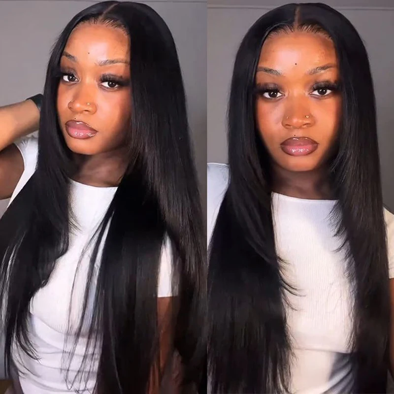 วิกผมหน้าผากลูกไม้สีดำธรรมชาติแบบเลเยอร์ ตัดแต่งทรงตรง  พร้อมผมด้านหน้าที่ถอนขนแล้ว  วิกแบบไม่ต้องใช้กาว  วิกผมสังเคราะห์ทรงบัตเตอร์ฟลาย