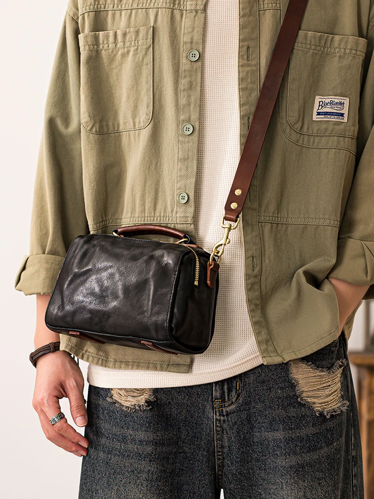 simple luxury vegetable tanned cowhide men's black shoulder bag Fashion handmade genuine leather pleated teens crossbody bag