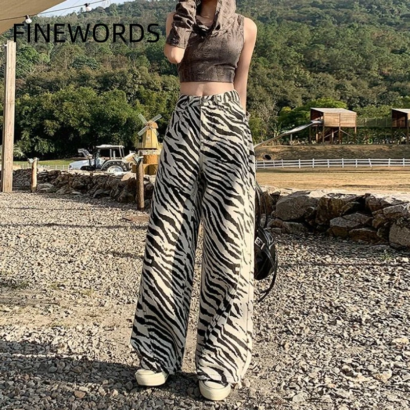 

FINEWORDS Vintage Unique High Waist Zebra Stripe Jeans Streetwear Loose Wide Leg Jeans Easymatch Korean Full Length Denim Pants