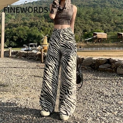 FINEWORDS Vintage Unique High Waist Zebra Stripe Jeans Streetwear Loose Wide Leg Jeans Easymatch Korean Full Length Denim Pants