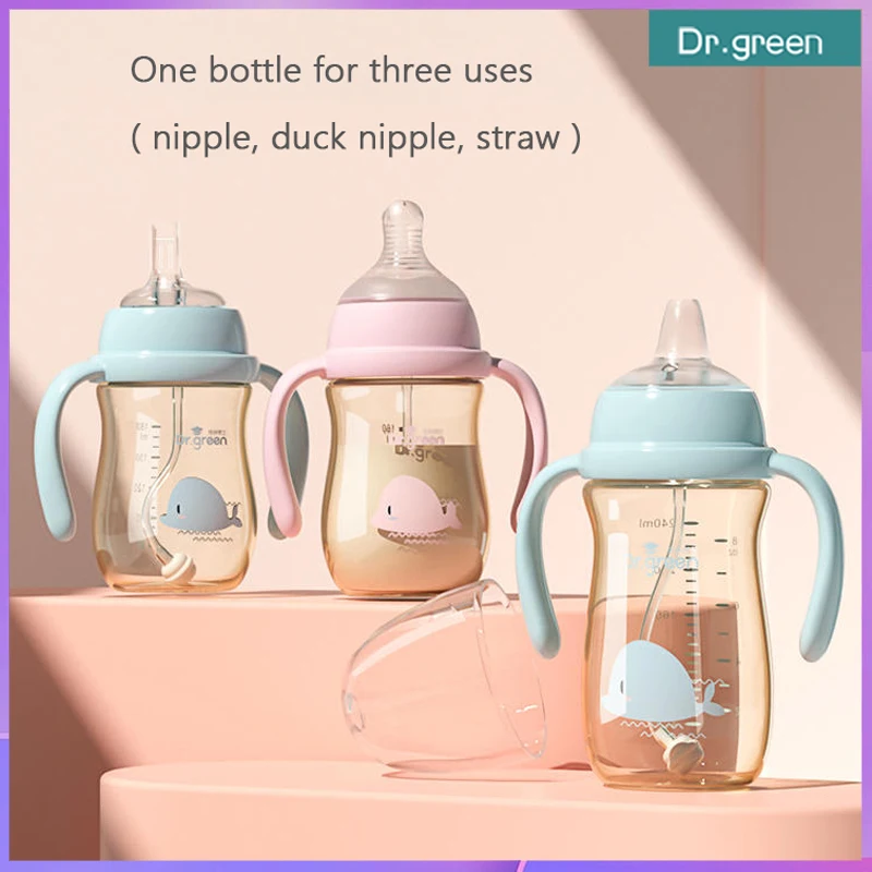 Dr.Green Newborn baby bottle PPSU 150ml/300ml/240ml Wide Mouth 360° rotating handle Ounce/ml double scale Full body washable