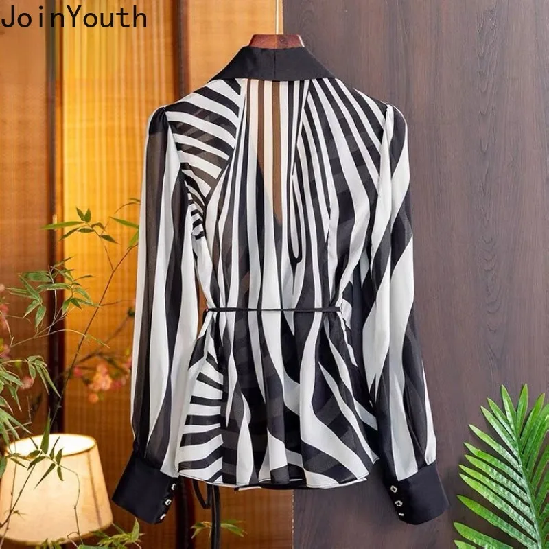 Korean Blouse Women 2024 Camisas De Mujer Long Sleeve Bandage Shirts Fashion Summer Vintage Tunic Striped Blouses Tops Female