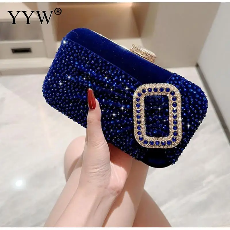 Square Buckle Rhinestone Velvet Clutch Bag for Women Luxury Designer Purse Handbag Diamond Elegant Evening Bag Wedding Clutch