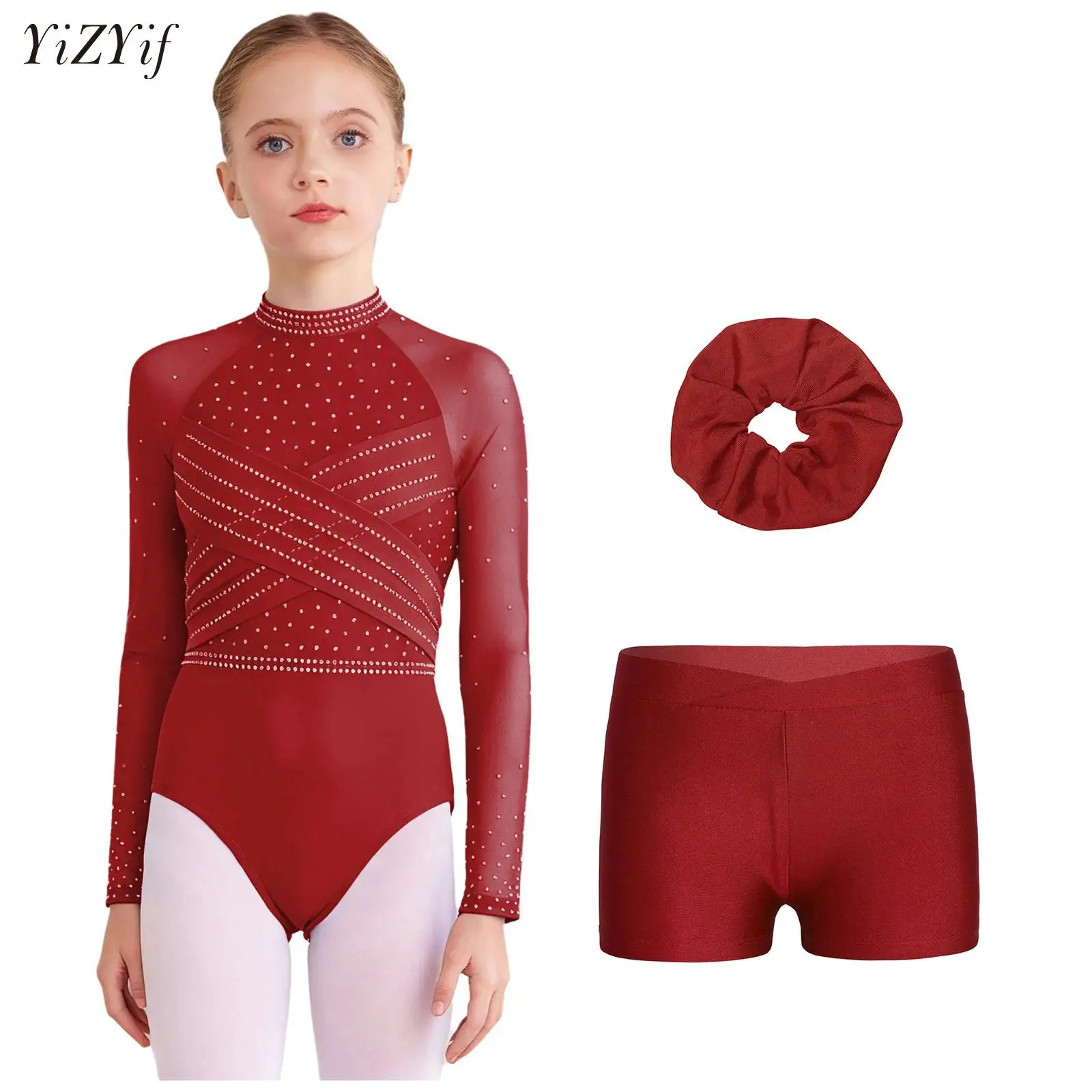 

Girls Shiny Rhinestone Long Sleeve Ballet Dance Leotard Gymnastics Ballerina Ballroom Figure Skating Jumpsuit Shorts Hariband