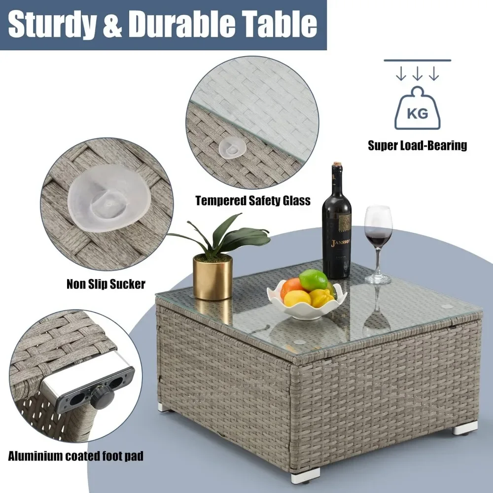 3-Piece All-Weather Patio Set - Wicker Sectional Sofa w/ Tempered Glass Table, Outdoor Conversation Group"​