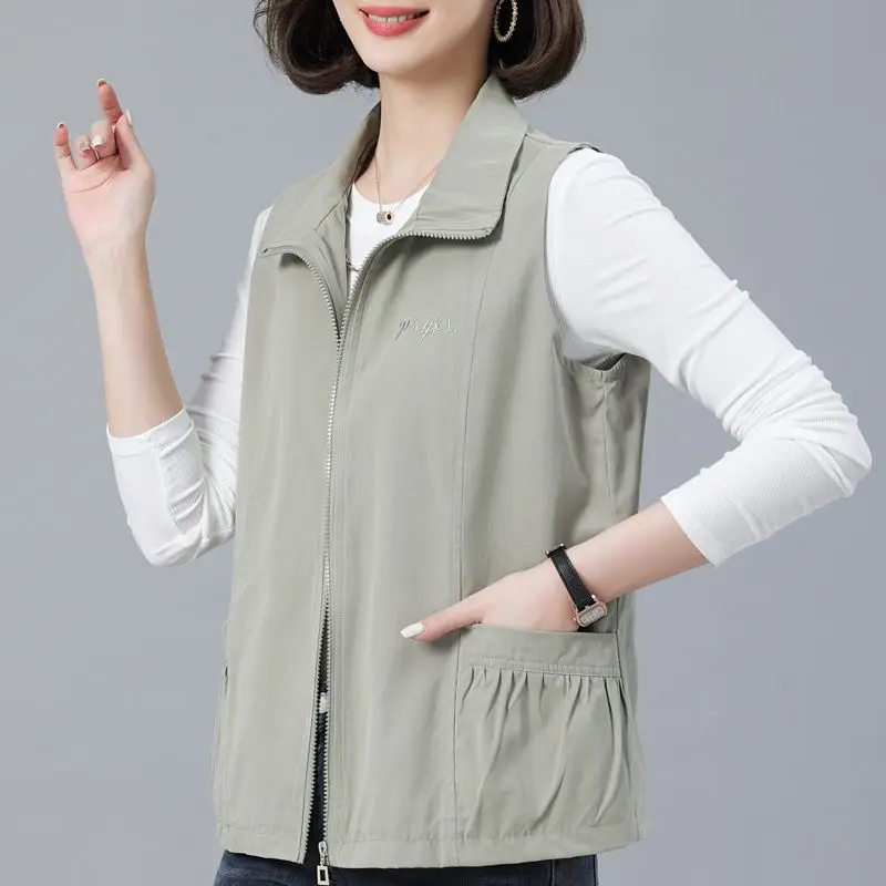 Street Casual Loose Pocket Patchwork Vests Spring Autumn New Polo Neck Solid Zipper Vintage Tops Fashion Office Women Clothing