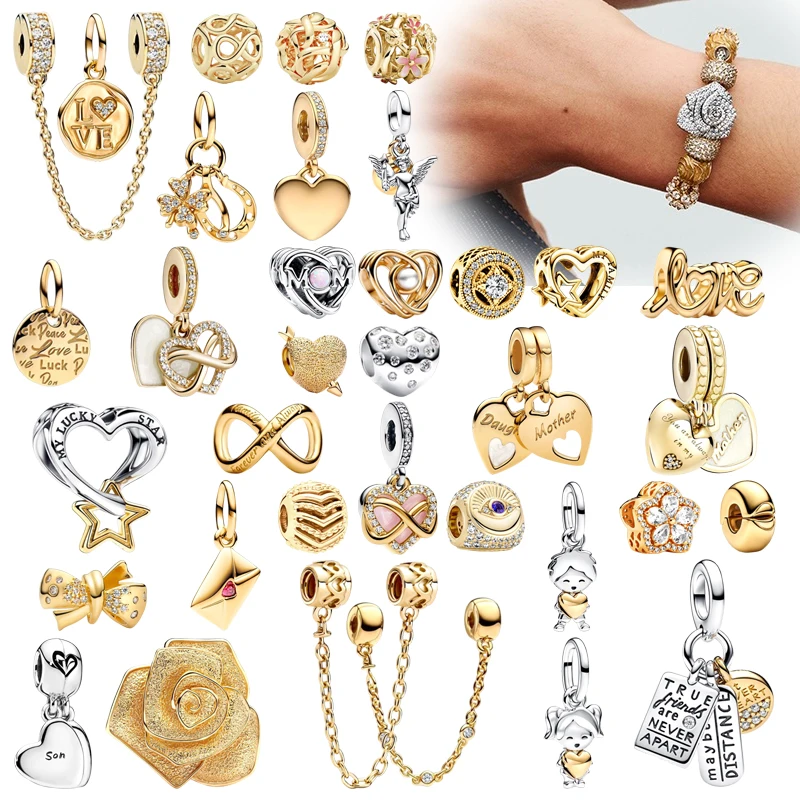 

2025 Gold Safety Chain Sparkling Clip Rose Friendship Love Hearts Charm Beads Fit Original 925 Silver Bracelet DIY Women Jewelry