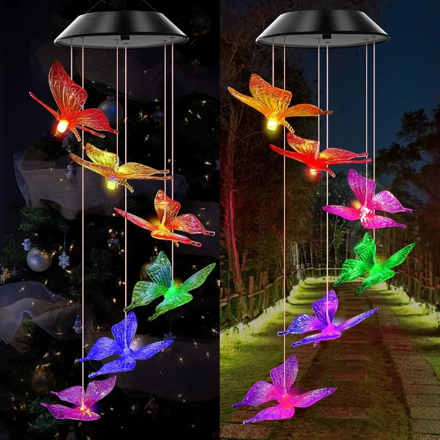 Purple Butterfly Solar Wind Chimes Color Changing Lights Outdoor Best Gifts for Mom Grandma Women Wife Aunt Sister Unique Mobil