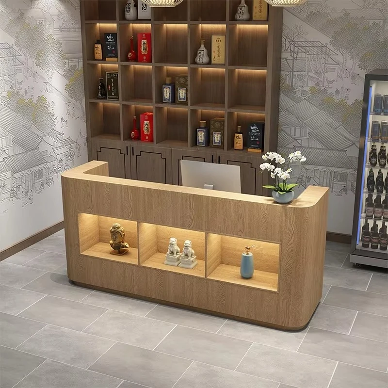 Durable Oblong Lacquered Wooden Reception Desk for Commercial & Office Use for Outdoor Convenience Stores Restaurants Checkouts