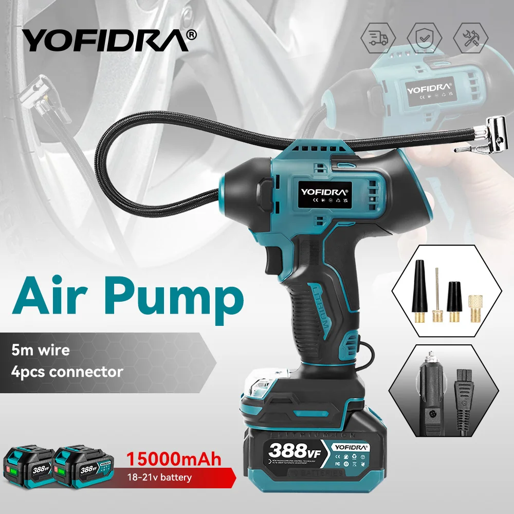 YOFIDRA Pompa di Aria Elettrica Gonfiatore Dei Pneumatici Display Digitale Ad Alta Pressione Strumento del Compressore D'aria Per Makita 18V Batteria Spille