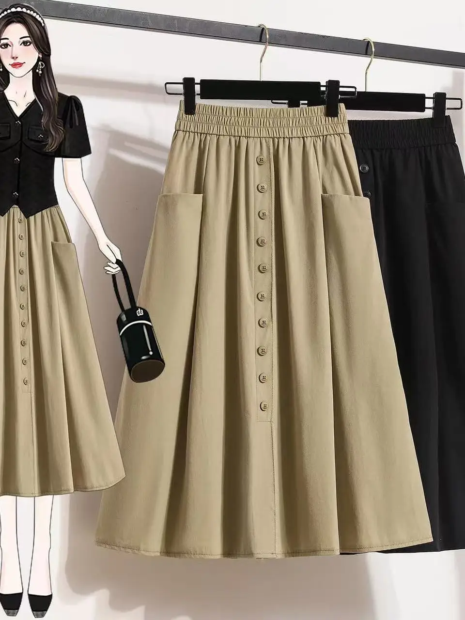 

Casual Elastic Waist Slimming Summer Midi Skirt for plus Size Women High Waist A-Line Korean Style Polyester Fiber Skirt