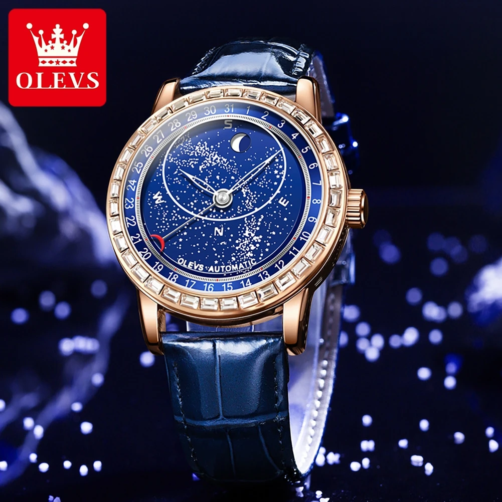 OLEVS 9923 Automatic Watch Luxury Starry Sky Rotation Seconds Mechanical Wristwatch Compass Moon Phase Waterproof Watch for Men