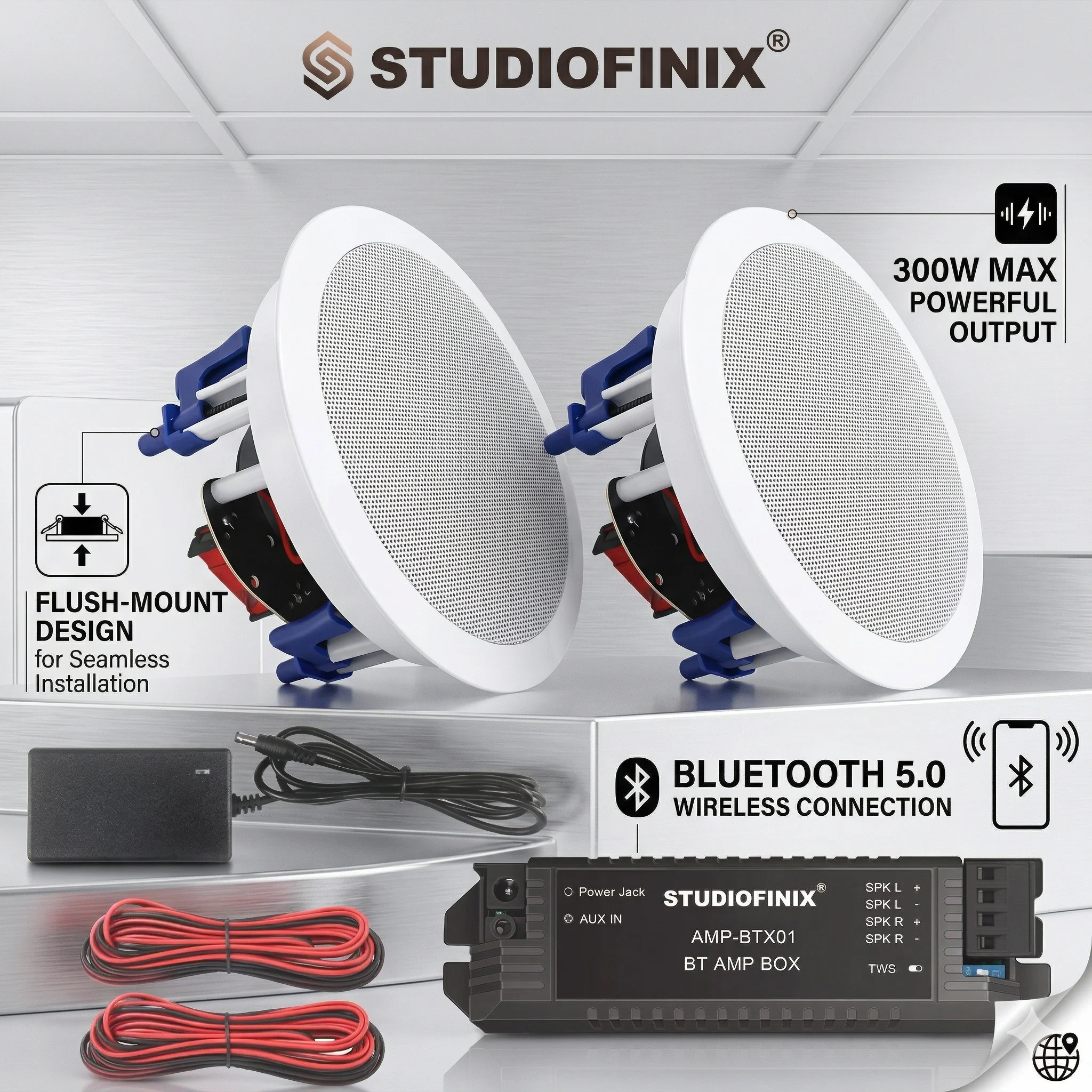 

STUDIOFINIX 5.25-дюймовые потолочные Bluetooth-колонки, максимальная мощность 300 Вт, для дома, кухни, гостиной, кабинета, подвала, крытой террасы