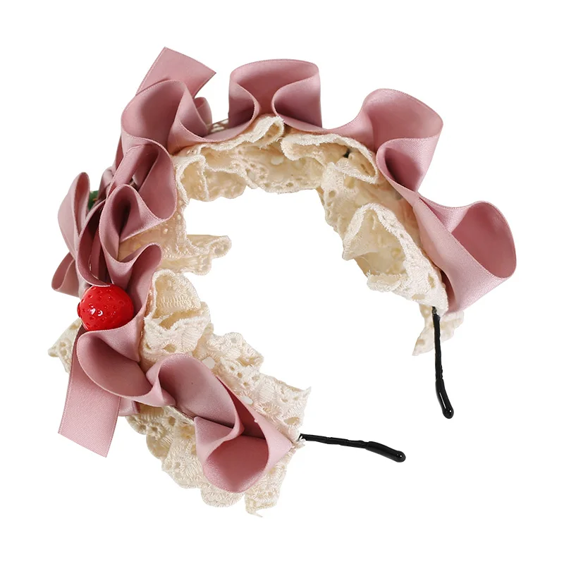 Accessoires pour cheveux en dentelle, Lolita pastorale, nœud aux fraises, bandeau doux pour fille