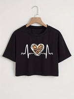 Heart & Leopard Print Crew Neck T-Shirt, Casual Short Sleeve T-Shirt For Every Day, Women's Clothing