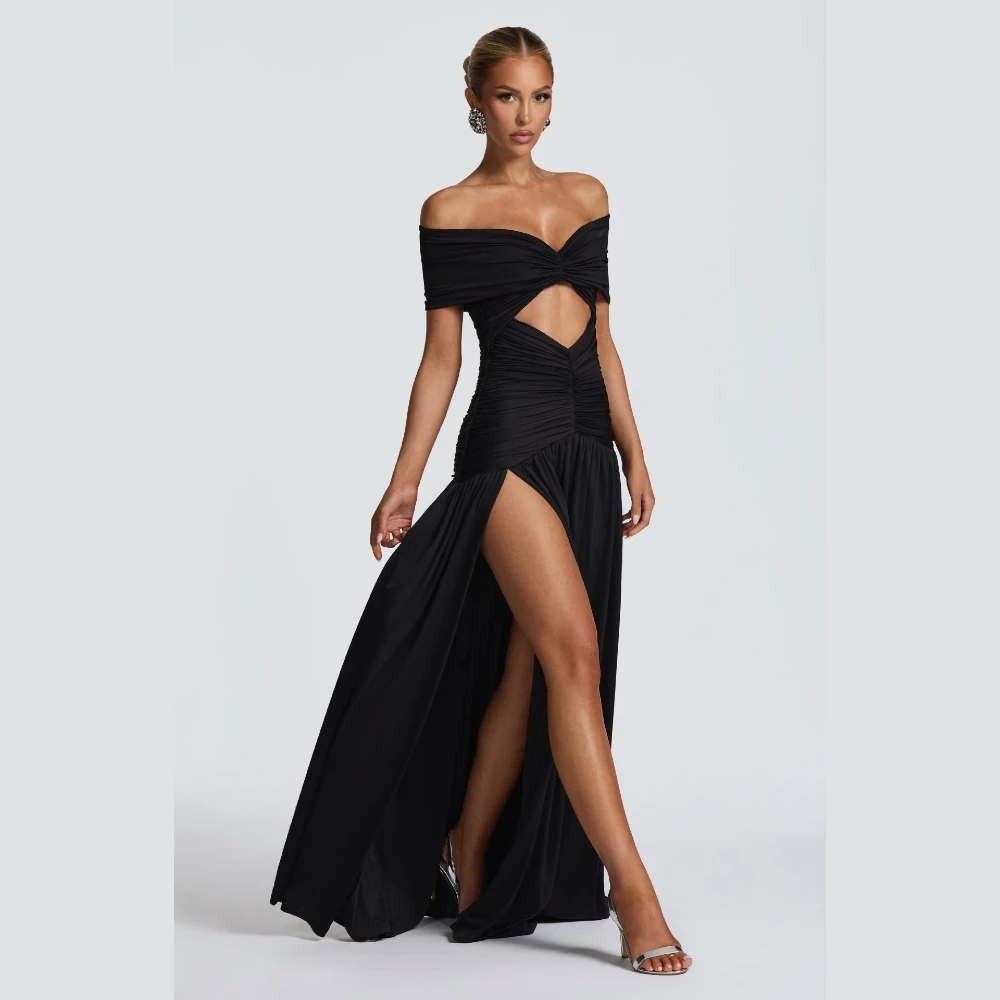 Off-the-shoulder Evening Gown Women Cutout Ruched High Slit Maxi Length Slim Fit Sheath Dress Flattering Elegant Sexy For Party