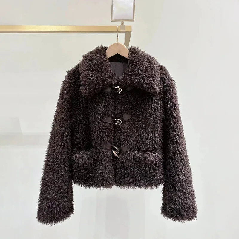 

Women's Metal Buckle Plush Short Jacket Solid Color Turn-Down Collar Long Sleeve Warm Coat for Female Fashion Outwear
