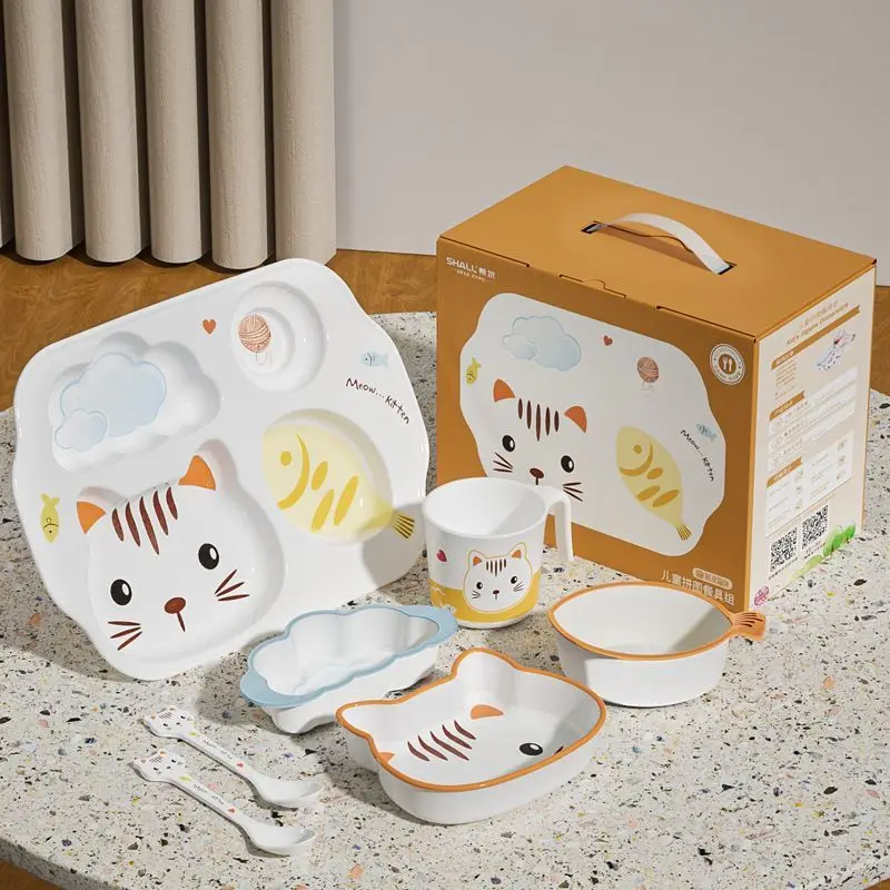 Cartoon Kitten Children's Tableware Gift Box Set, Children's Special Compartment Plate, Cute Baby Food Bowl Spoon Cup
