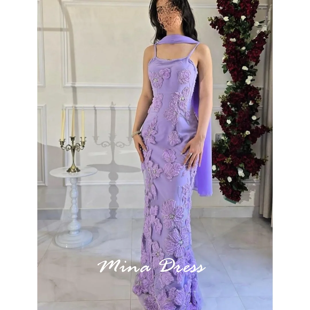 

Mina Customized Purple Embroidered Ball Gown Spaghetti Strap Scarf Custom Formal Dinner Floor Elegant Party Dresses Woman Prom
