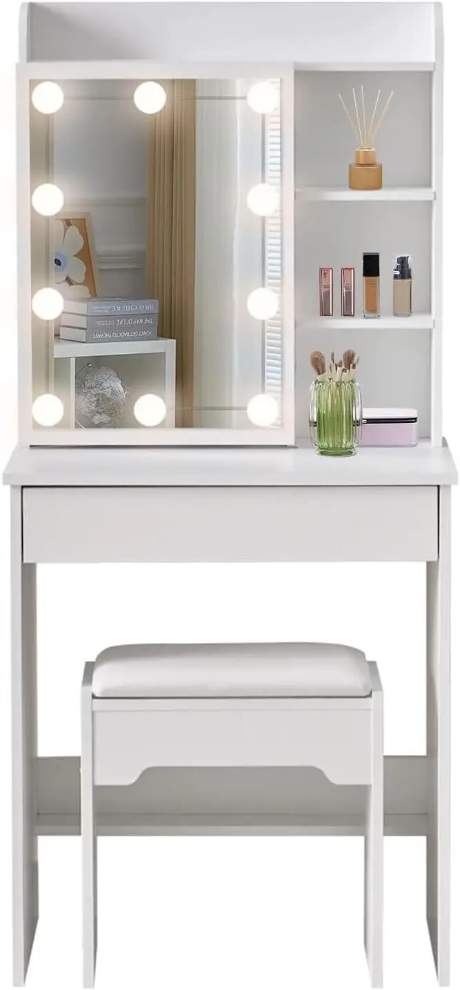 Hollywood - Tavolo da toeletta con specchio a LED e sgabello, tavolo da trucco con 7 ripiani e 1 grande cassetto