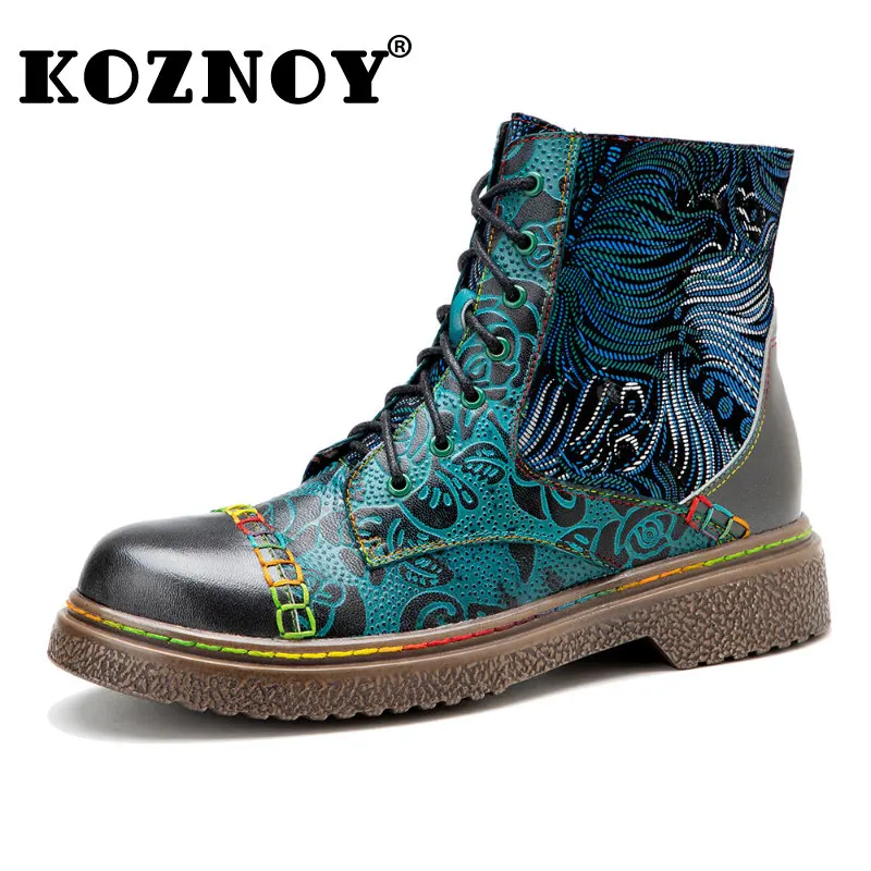 

Koznoy Big Calf Boots 2cm Sheepskin Leather Embroidery Sewing Ethnic Mid Spring Autumn ZIP Women Plus Size Designer Ladies Shoes