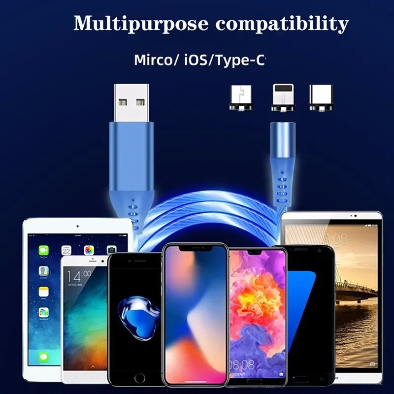 MVQF 3in1 Magnetic Flow Luminous Lighting Charging Mobile Phone Cables Cord Charger Wire for Xiaomi LED Micro USB C for Iphone