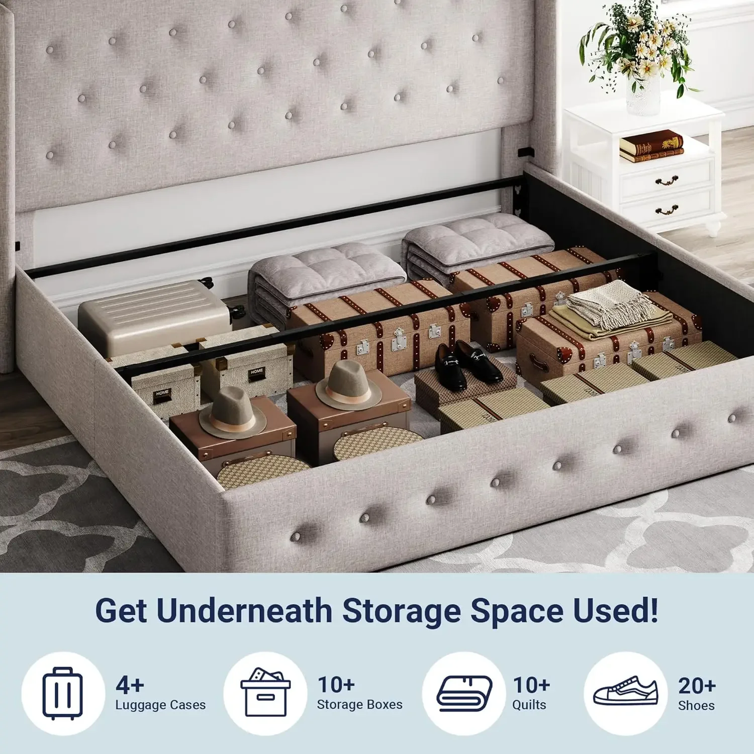 [شحن مجاني، صفقة ساخنة! سرير تخزين قابل للرفع بحجم كينج من Allewie، لوح رأسي معنقدة بأزرار مع ظهر مجنح، دعم هيدروليكي، بدون Bo #3