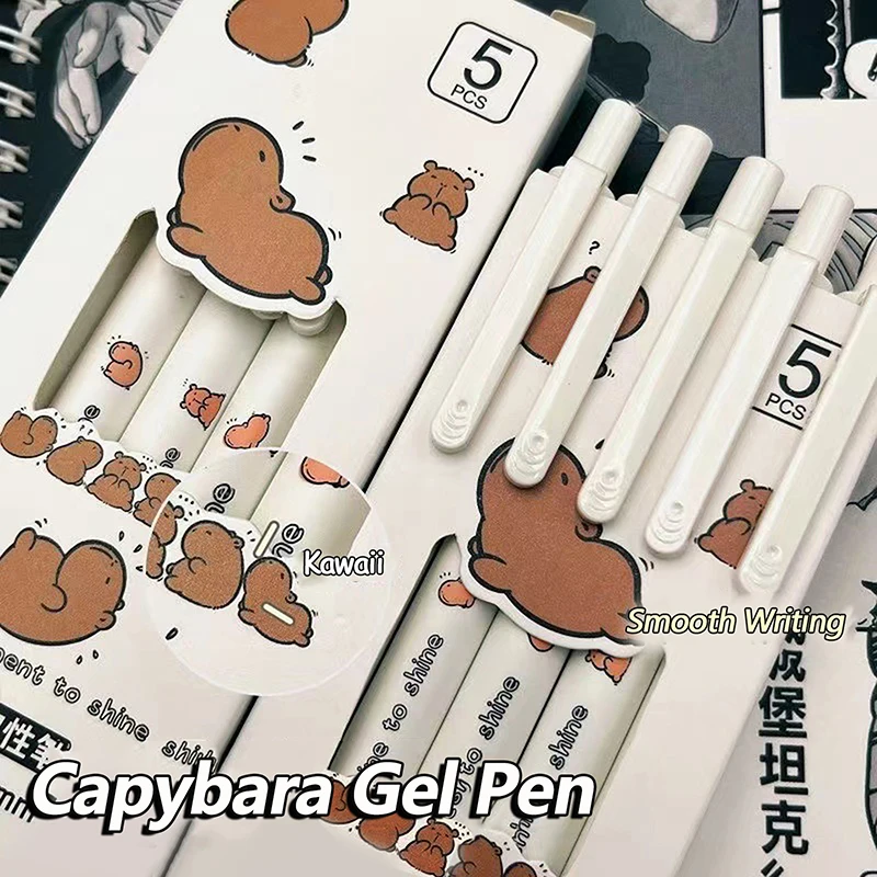 5Pcs Kawaii Gel Pens Cartoon Capybara Quick Drying Pens Office Stationery Funny Pressing Pens Smoothly Writing Neutral Pens