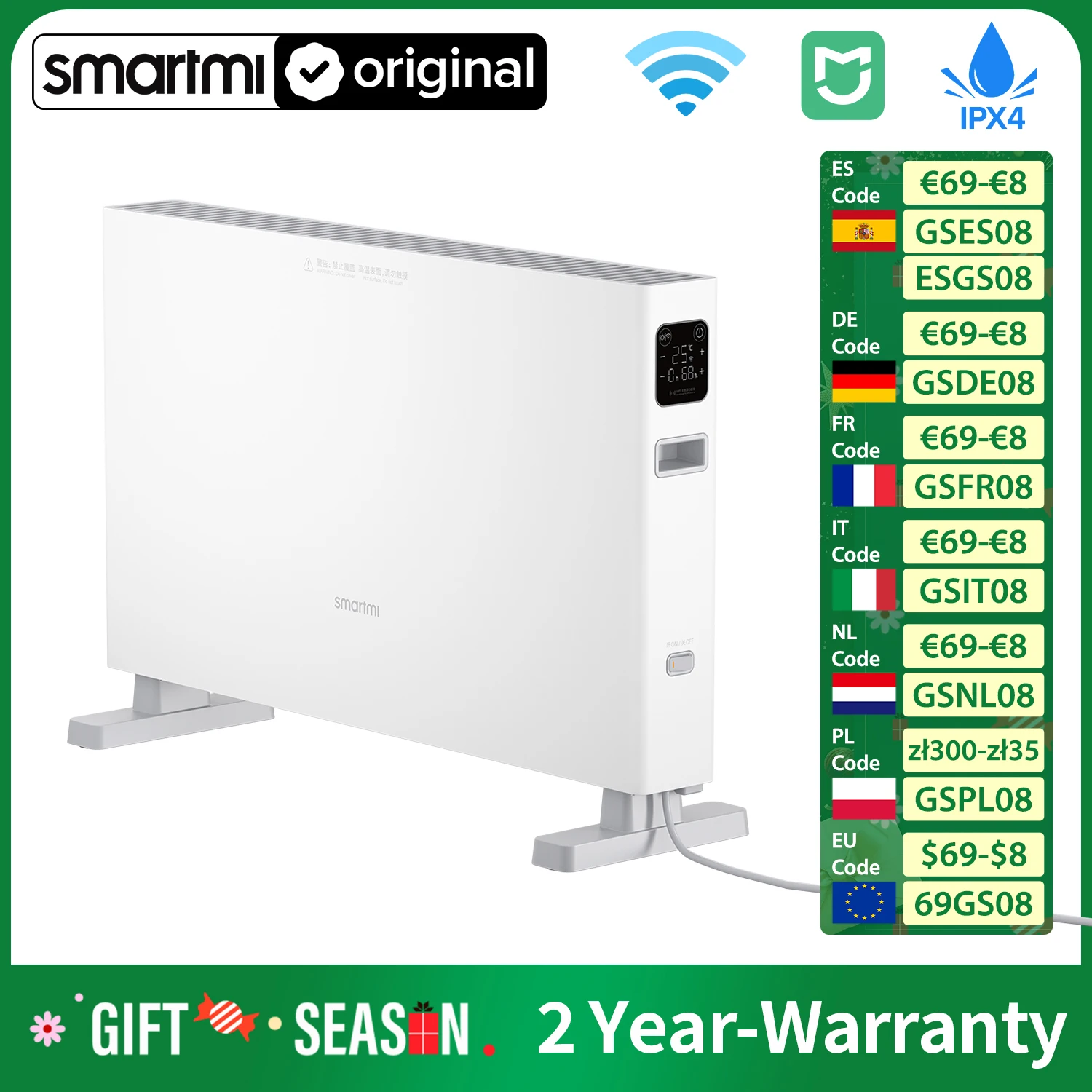 Smartmi Electric Convector Heater 1S, Smart Version, Fast Heat, APP/WiFi Control, LED Touch Screen, Auto-adjust Temperature