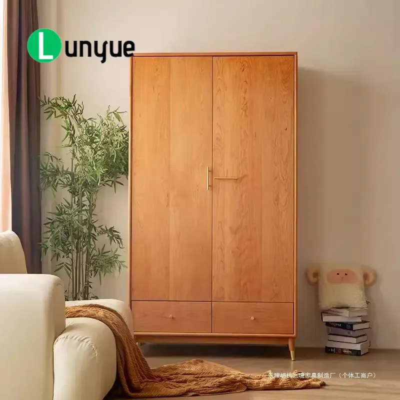 Nordic Solid Wood Wardrobe Cherry Oak Double Door Log Color Bedroom Closet Storage Furniture for Small Apartment Modern Home