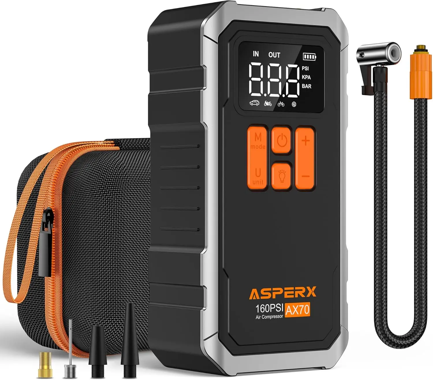 Motriva Store AsperX 160PSI Tire Inflator Portable Air Compressor for Car/Moto/Bike/Ball | 160 PSI Rapid Inflation, 10000mAh Larger Capacity, 4+N Smart Modes, LED Light, Auto-stop, Exquisite Handbag