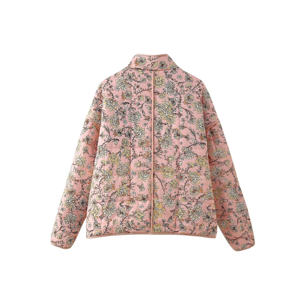 PB&ZA2024 autumn new women\'s clothing floral print stand up collar long sleeved loose casual pocket decoration cotton jacket