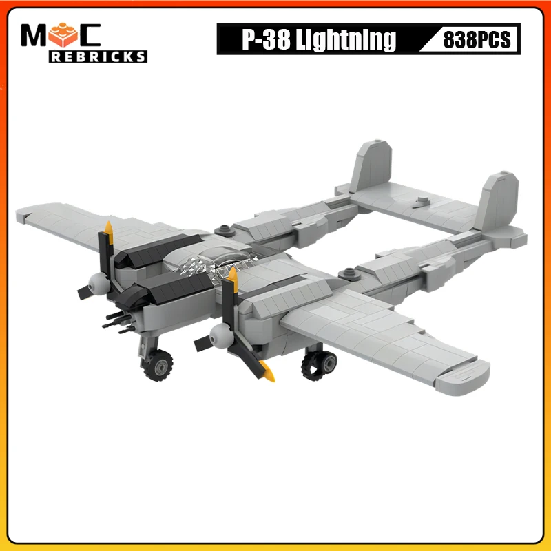 

WW2 Air Battle Bomber Lockheed P-38 Lightning Military Fighter MOC Building Block Technology Aircraft Model Kid's DIY Bricks Toy