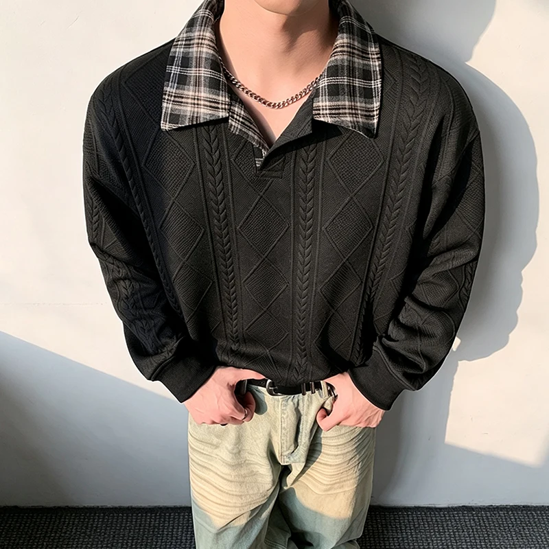 Herren-Sweatshirt mit Kontrastkragen und langen Ärmeln, Herbst-Diamant-Jacquard-Strick, lockere Passform, lässige Oberteile, halber Reißverschluss, Alltagskleidung – Detail 16