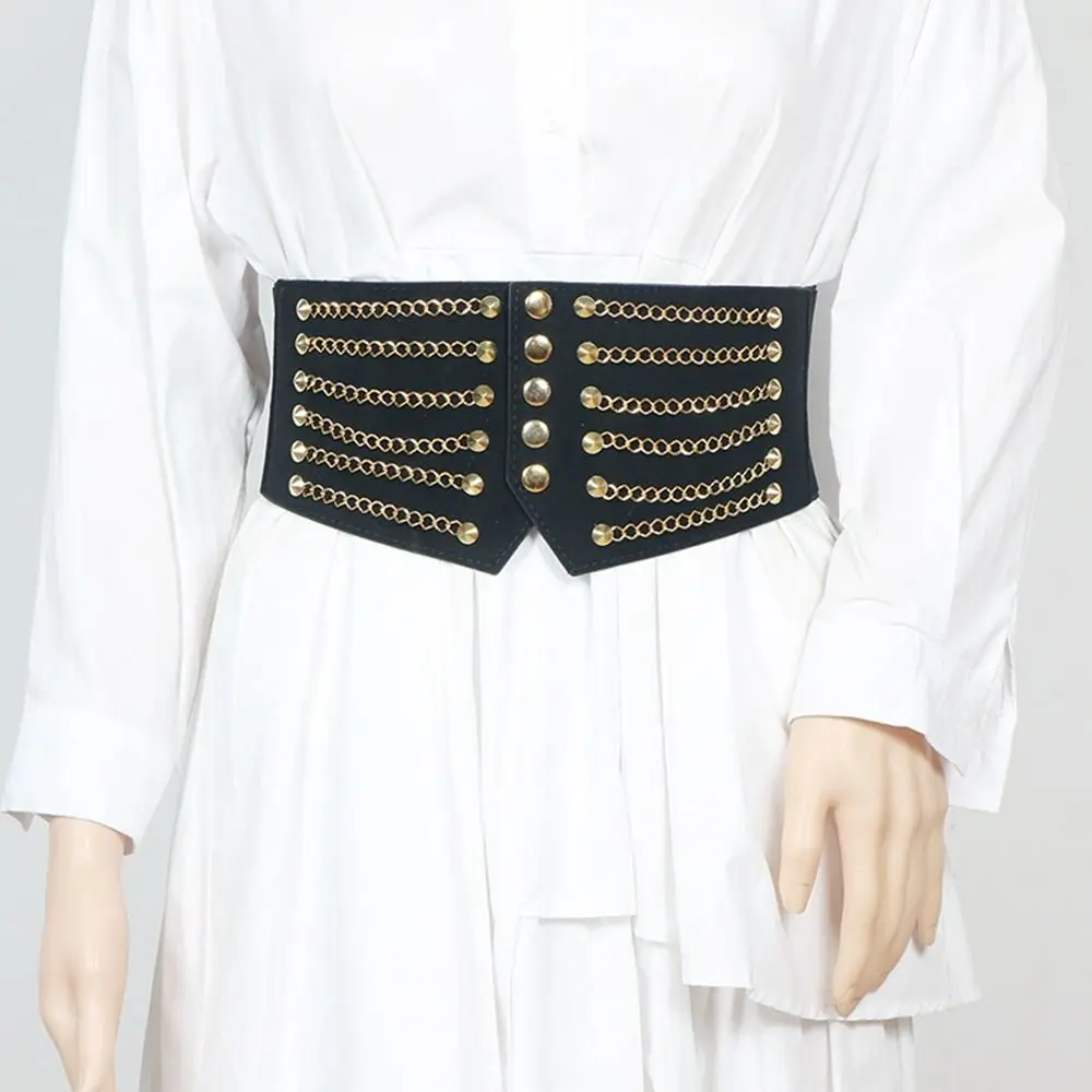 ชุดเดรสสเวตเตอร์ผู้หญิงสายรัดเอวสายโซ่ประดับเสื้อผ้าแนวย้อนยุคเข็มขัดเข็มขัดกว้างหรูหราอุปกรณ์เข็มขัดแบบยืดได้
