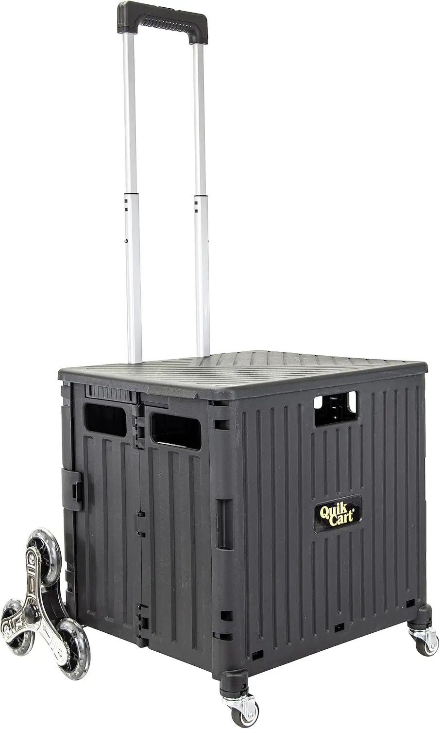 

Heavy-Duty Collapsible Rolling Crate with Stair-Climbing Wheels, Seat, and Handle - Black, 18"x17"x39"